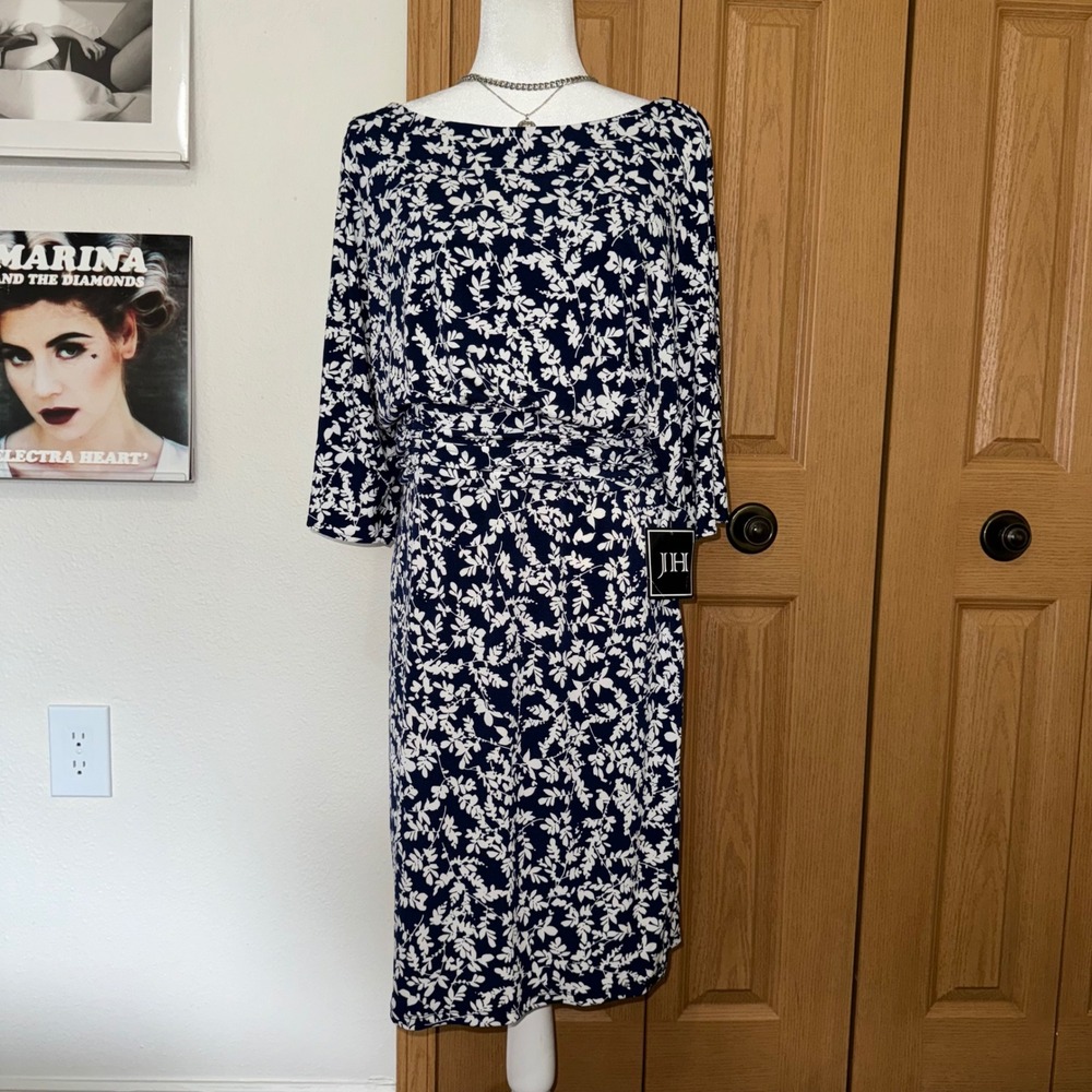 NWT JH Jessica Howard Navy Ivory Leaf Print Sheath Dress Flutter Sleeve Size 14